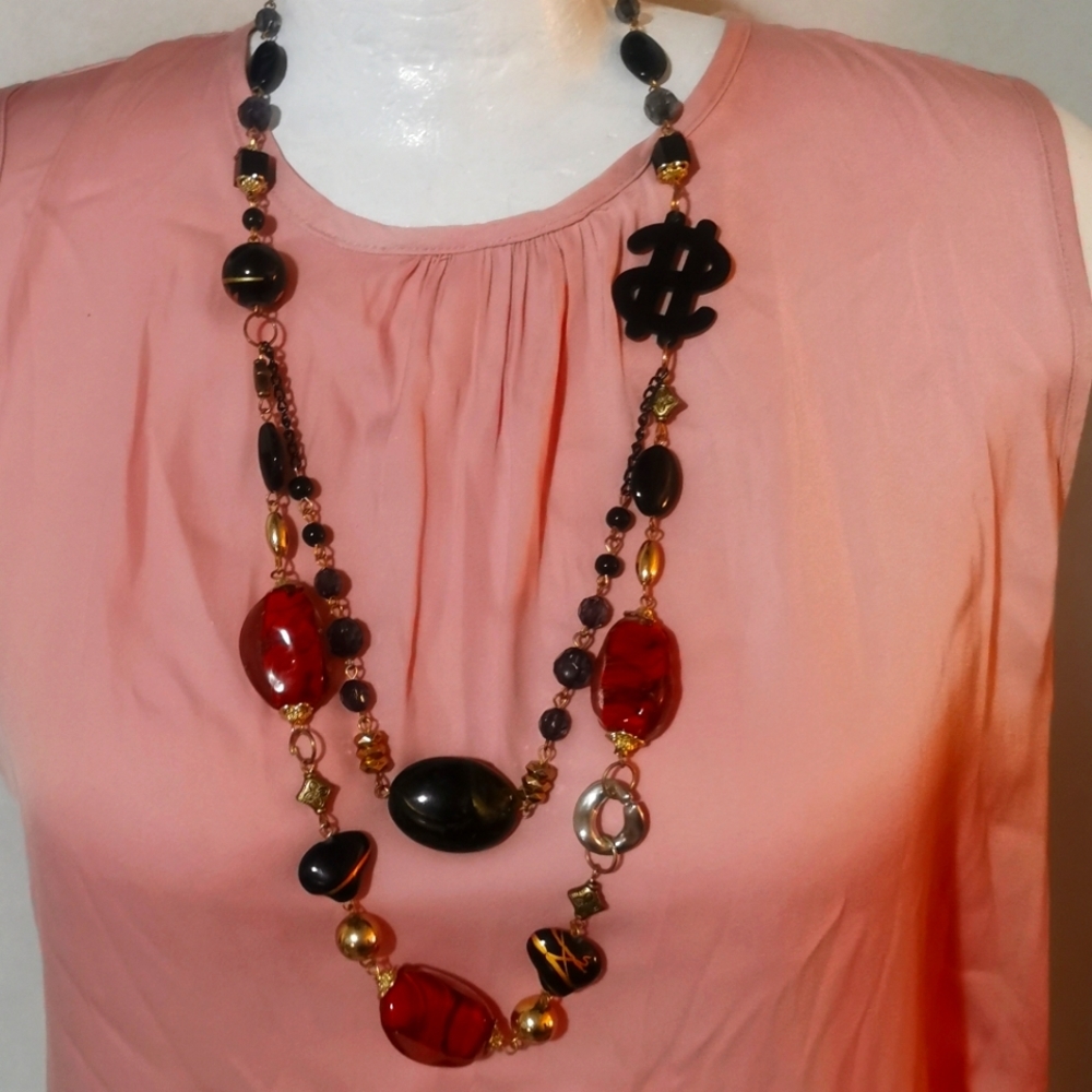 Long Layered Fashion Necklace $symbol and Glass Beads